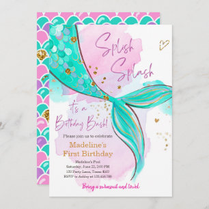 Invitation Mermaid Splish Pool Party Fille Anniversaire Inv