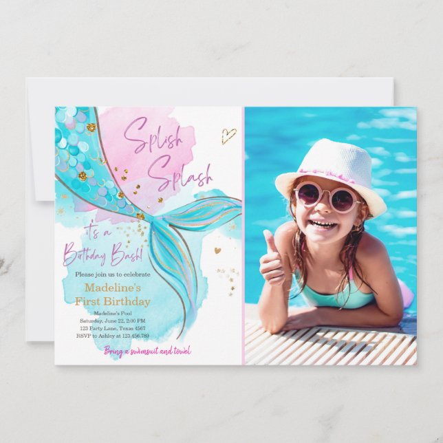 Invitation Mermaid Splish Pool Party Fille Anniversaire Inv (Devant)