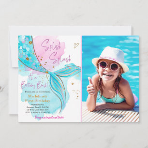 Invitation Mermaid Splish Pool Party Fille Anniversaire Inv