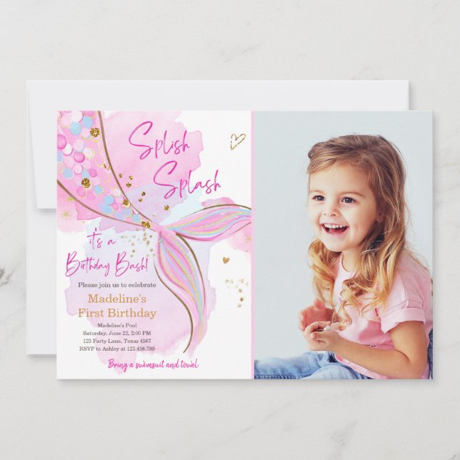 Invitation Mermaid Splish Pool Party Fille Anniversaire Inv (Devant)