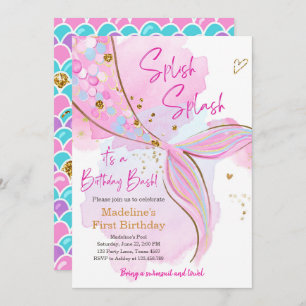 Invitation Mermaid Splish Pool Party Fille Anniversaire Inv