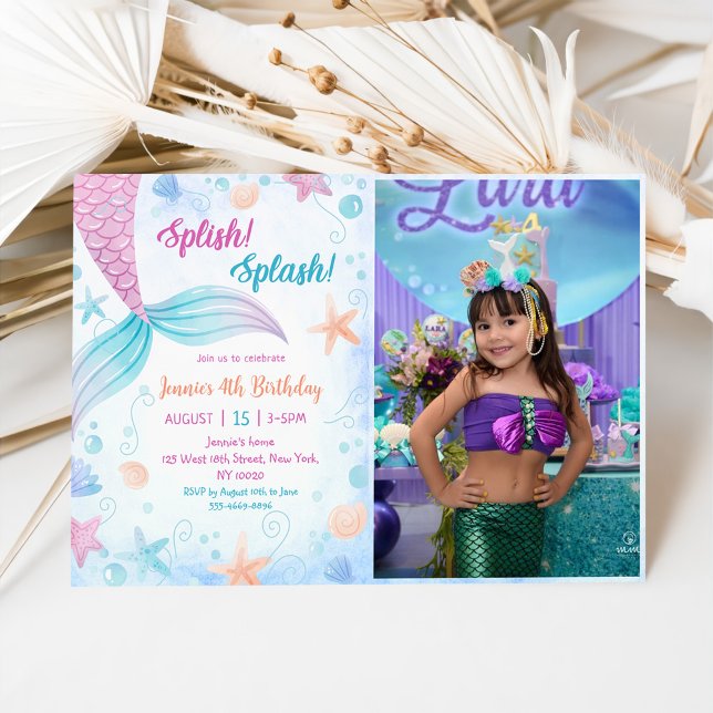Invitation Mermaid Splish Splash 4th Birday Party Photo (Créateur téléchargé)