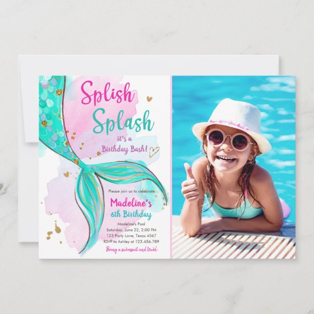 Invitation Mermaid Splish Splash Anniversaire Bash Girl Gold  (Devant)