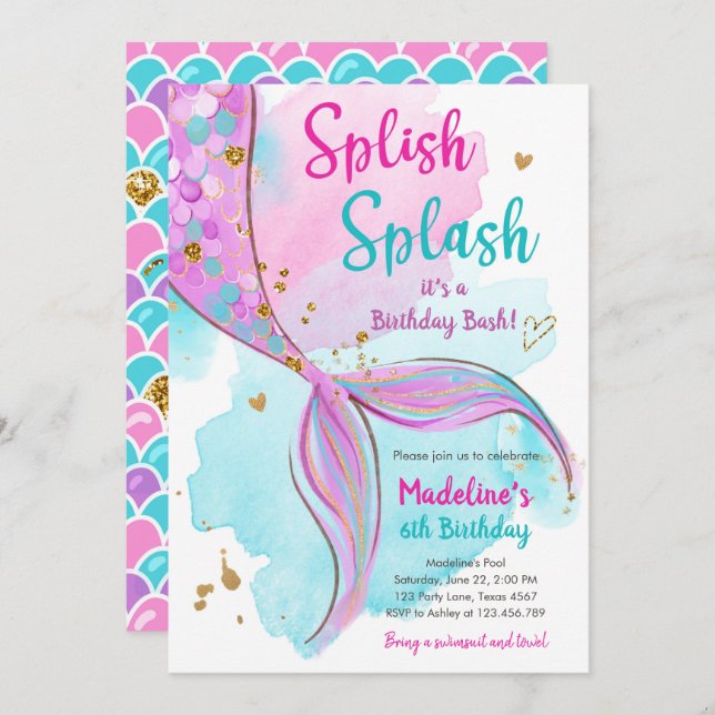 Invitation Mermaid Splish Splash Anniversaire Bash Girl Gold  (Devant / Derrière)
