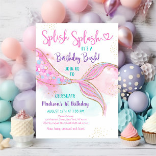 Invitation Mermaid Splish Splash Or rose Anniversaire