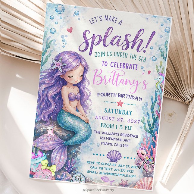 Invitation Mermaid Splish Splash Under the Sea  (Make a splash with this adorable Mermaid “Splish Splash Under the Sea” Birthday Invitation — perfect)