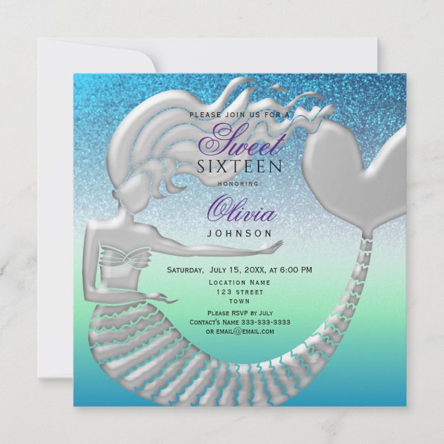 Invitation Mermaid Sweet 16 Anniversaire (Devant)