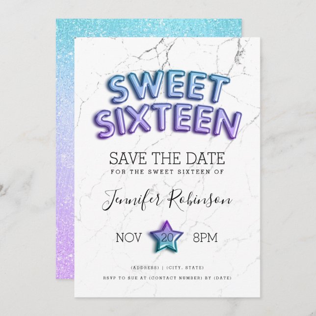 Invitation Mermaid Sweet 16 Enregistrer La Parties scintillan (Devant / Derrière)