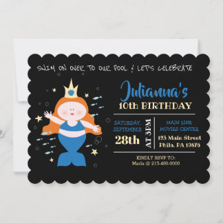 Invitation Mermaid Swim Pool Blue Sea Life Anniversaire