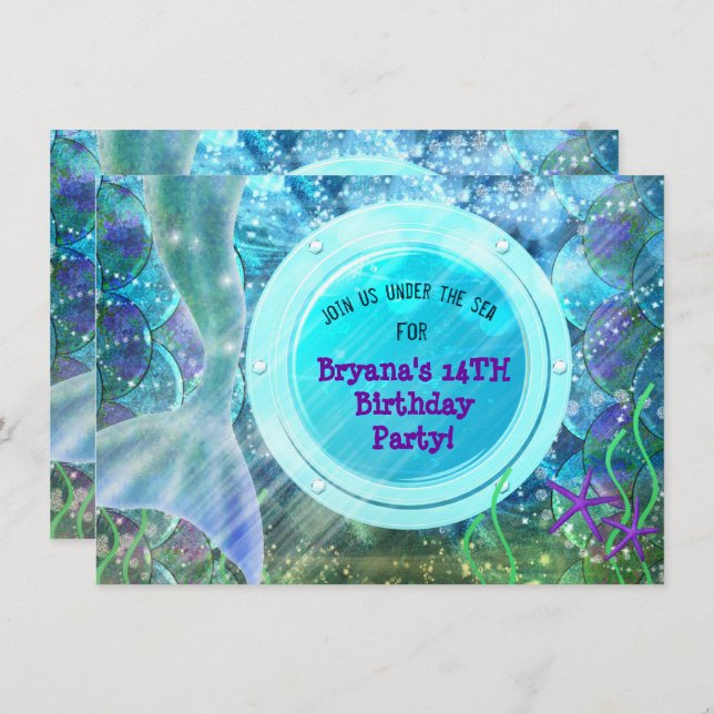 Invitation Mermaid Tail Magic Under the Sea Birthday Party (Devant / Derrière)