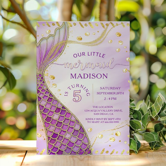 Invitation Mermaid Tail or rose violet fille fête d'anniversa (Mermaid tale pink purple gold birthday party invitation)