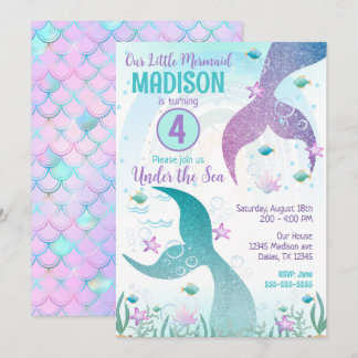 Invitation Mermaid Tail Pool Party Under the Sea Birthday 