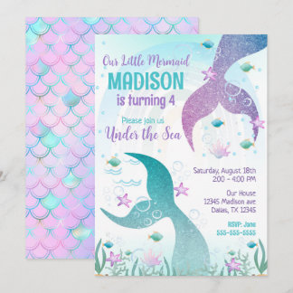 Invitation Mermaid Tail Under the Sea Pool Party Birthday 