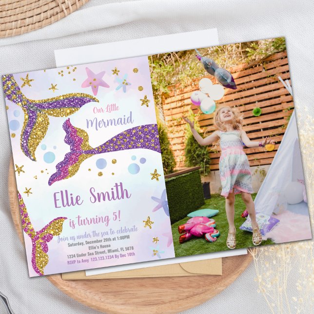 Invitation Mermaid Tails Parties scintillant Anniversaire Inv (Mermaid Tails Glitter Birthday Invitations w photo)