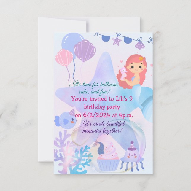 Invitation Mermaid Thème Anniversaire Bash (Devant)