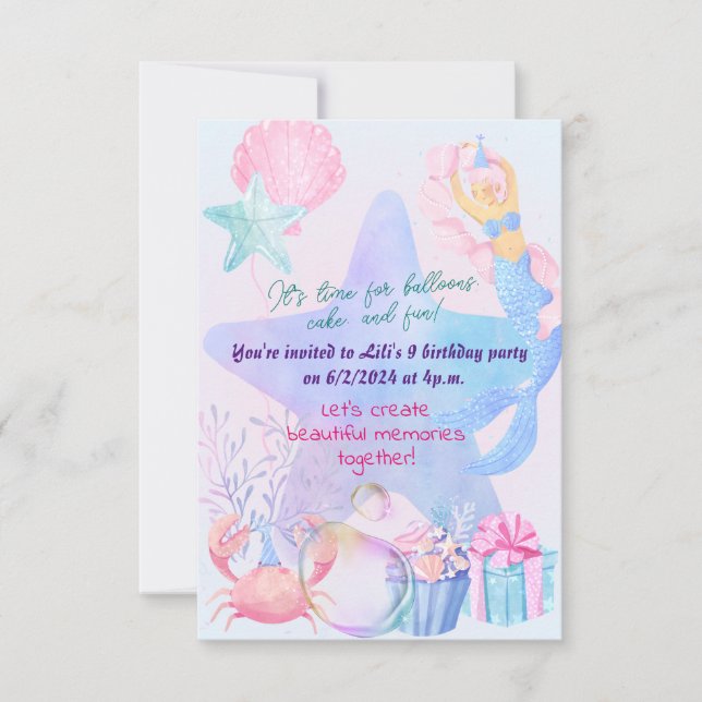 Invitation Mermaid Thème Anniversaire Bash (Devant)