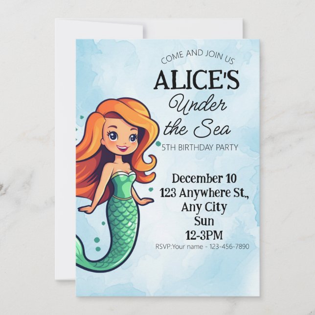Invitation Mermaid Thème Anniversaire de enfant Party Invitat (Devant)