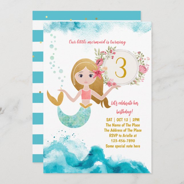 Invitation Mermaid Thème Sous La Mer Bébé Fille 3ème Annivers (Devant / Derrière)