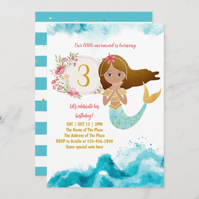 Invitation Mermaid Thème Sous La Mer Bébé Fille 3ème Annivers (Devant / Derrière)