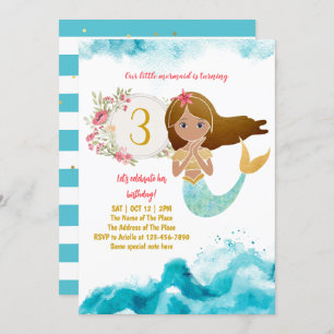 Invitation Mermaid Thème Sous La Mer Bébé Fille 3ème Annivers