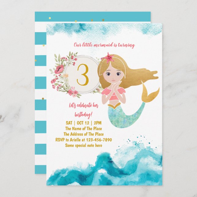 Invitation Mermaid Thème Sous La Mer Bébé Fille 3ème Annivers (Devant / Derrière)
