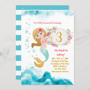 Invitation Mermaid Thème Sous La Mer Bébé Fille 3ème Annivers