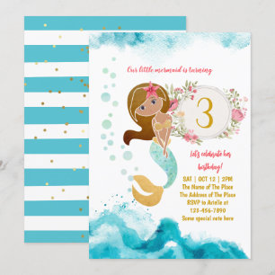 Invitation Mermaid Thème Sous La Mer Bébé Fille 3ème Annivers