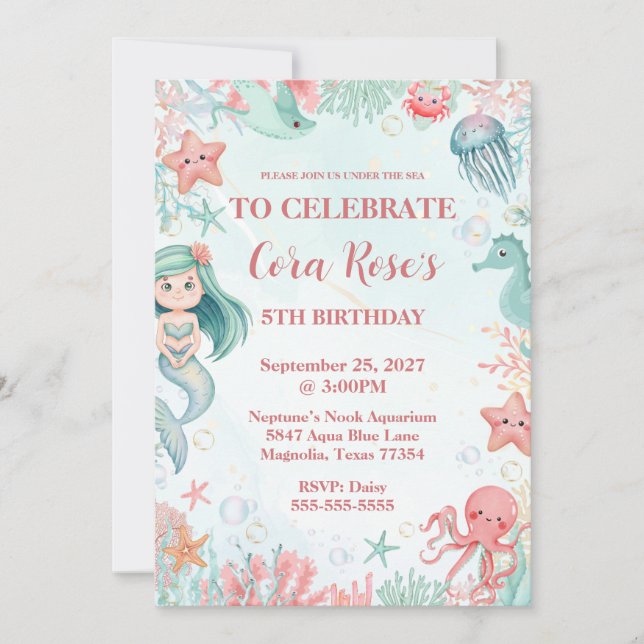 Invitation Mermaid Under The Sea Girl Birthday Party (Devant)