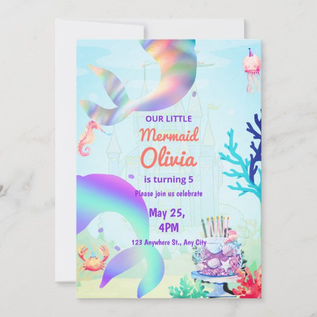Invitation Mermaid Under the sea Rainbow Birthday (Devant)