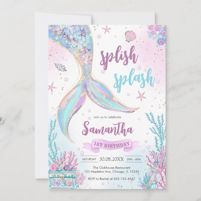 Invitation Mermaid Under the Sea Splish Splash Birthday (Devant)