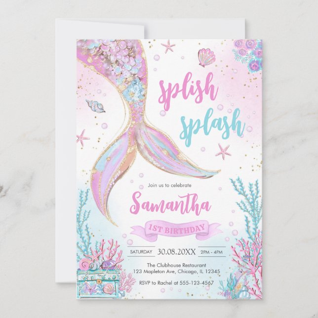 Invitation Mermaid Under the Sea Splish Splash Birthday (Devant)