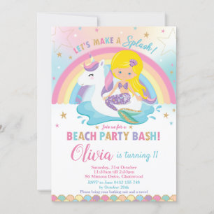 Invitation Mermaid Unicorn Beach Party Anniversaire Blond
