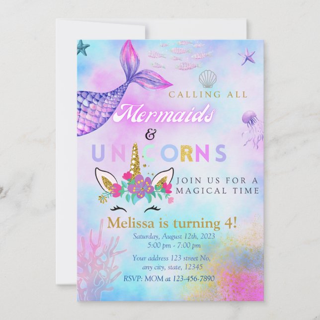 Invitation Mermaid & Unicorn Gold Parties scintillant invitat (Devant)