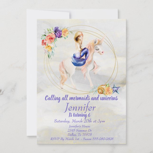 Invitation Mermaid Unicorn Or Plretty Purple (Devant)