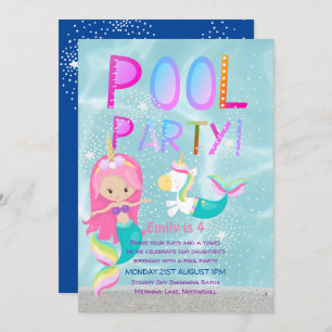 Invitation Mermaid Unicorn PISCINE Party Parties scintillant