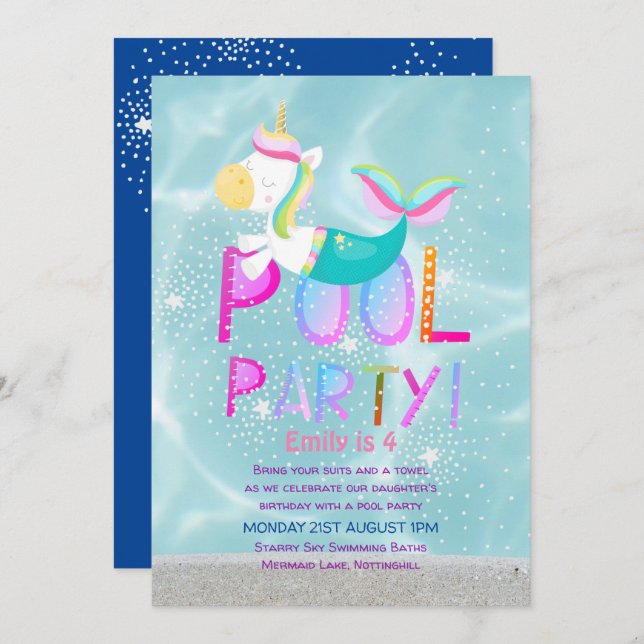 Invitation Mermaid Unicorn PISCINE Party Parties scintillant  (Devant / Derrière)