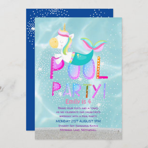 Invitation Mermaid Unicorn PISCINE Party Parties scintillant
