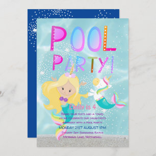 Invitation Mermaid Unicorn PISCINE Party Parties scintillant