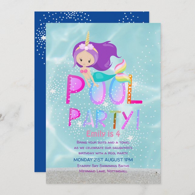 Invitation Mermaid Unicorn PISCINE Party Parties scintillant  (Devant / Derrière)