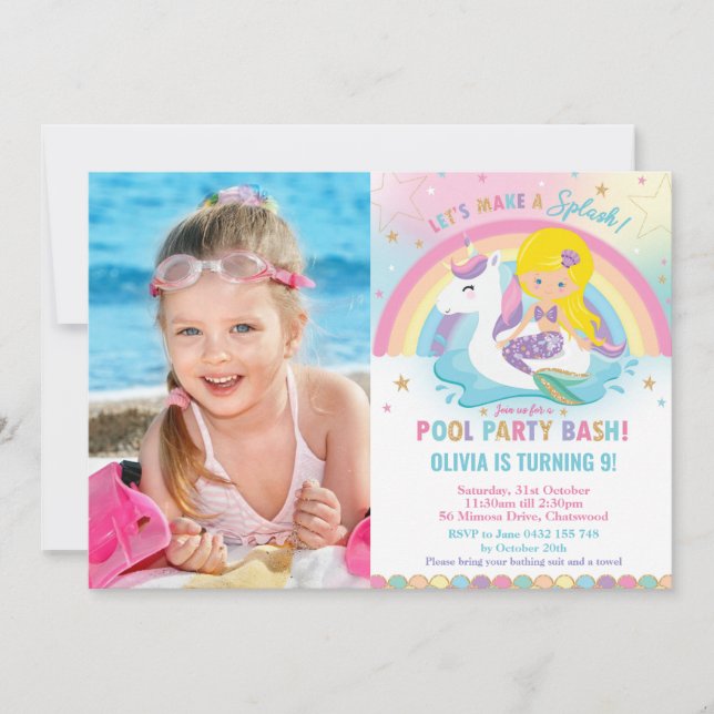 Invitation Mermaid Unicorn Pool Party Anniversaire Blonde Pho (Devant)