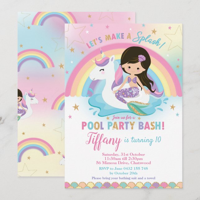 Invitation Mermaid Unicorn Pool Party Anniversaire Cheveux no (Devant / Derrière)