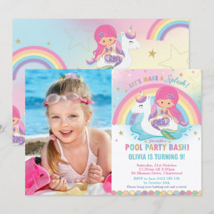 Invitation Mermaid Unicorn Pool Party Anniversaire rose Photo