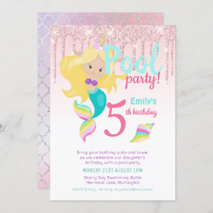 Invitation Mermaid Unicorn Pool Party Rose Blue Girl