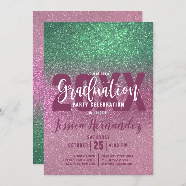 Invitation Mermaid vert rose triple Parties scintillant Ombre (Devant / Derrière)