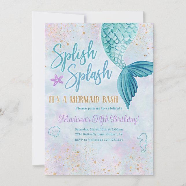 Invitation Mermaid Watercolor Birthday Party Any Age Invite (Devant)