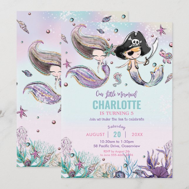 Invitation Mermaids et Pirates Boy Girl Joint Birthday Party (Devant / Derrière)