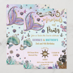 Invitation Mermaids et pirates Jumeaux Anniversaire sous la m