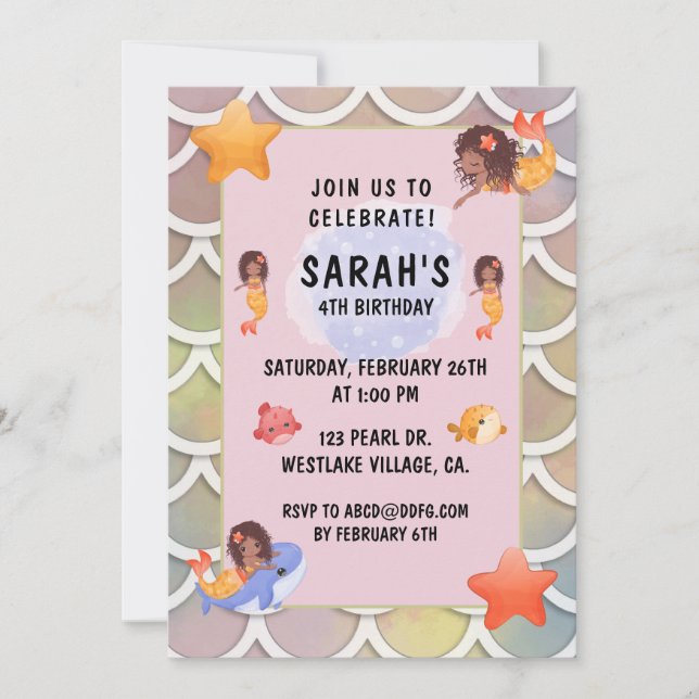 INVITATION MERMAIDS, MERMAID ARRIÈRE - PLAN ANNIVERSAIRE (Devant)