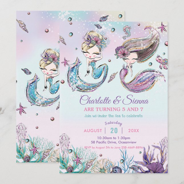 Invitation Mermaids Under the Sea Twins Sisters Anniversaire  (Devant / Derrière)