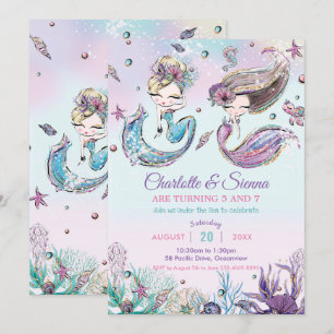 Invitation Mermaids Under the Sea Twins Sisters Anniversaire